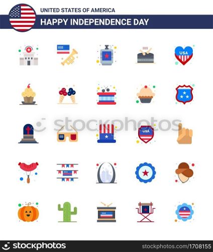 Set of 25 Vector Flats on 4th July USA Independence Day such as american; music; alcoholic; instrument; liquid Editable USA Day Vector Design Elements