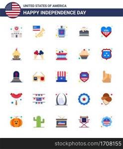 Set of 25 Vector Flats on 4th July USA Independence Day such as american  music  alcoholic  instrument  liquid Editable USA Day Vector Design Elements