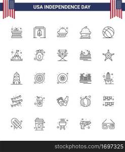 Set of 25 Vector Lines on 4th July USA Independence Day such as american; football; dessert; thanksgiving; muffin Editable USA Day Vector Design Elements