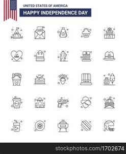 Set of 25 Vector Lines on 4th July USA Independence Day such as police; celebration; dollar; sweet; cake Editable USA Day Vector Design Elements
