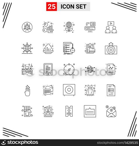Set of 25 Vector Lines on Grid for video, man, globe, room, aircondition Editable Vector Design Elements