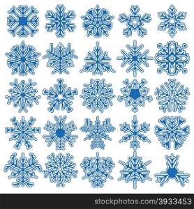 Set of 25 vector snowflakes. Big set of 25 openwork snowflakes. Winter design element.