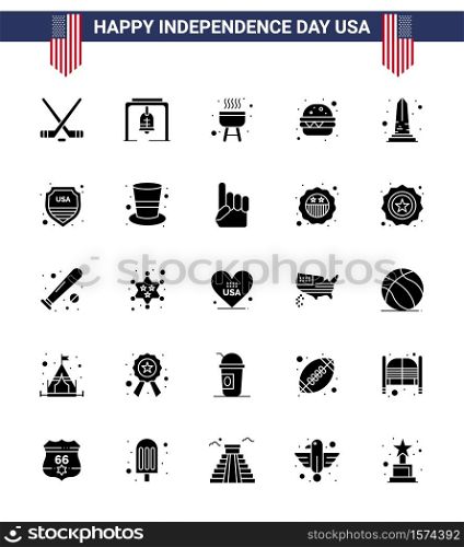 Set of 25 Vector Solid Glyph on 4th July USA Independence Day such as usa; monument; barbecue; landmark; fast food Editable USA Day Vector Design Elements