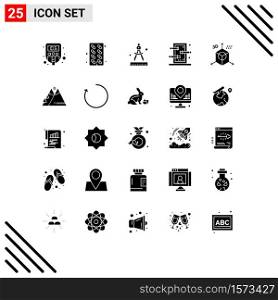 Set of 25 Vector Solid Glyphs on Grid for development, coding, compass, show, magic Editable Vector Design Elements