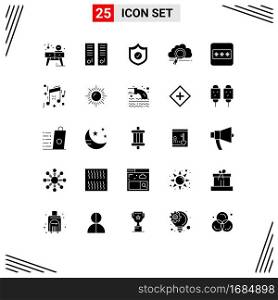 Set of 25 Vector Solid Glyphs on Grid for field, technology, sport room, storage, cloud Editable Vector Design Elements