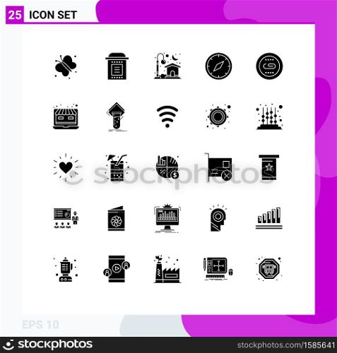 Set of 25 Vector Solid Glyphs on Grid for navigation, gps, party, direction, moon Editable Vector Design Elements