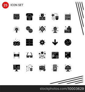 Set of 25 Vector Solid Glyphs on Grid for sales, cyber monday, phone, computer, stopwatch Editable Vector Design Elements