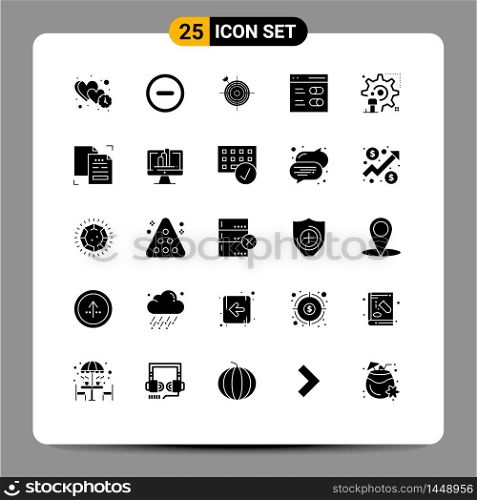 Set of 25 Vector Solid Glyphs on Grid for setting, settings, focus, interface, target Editable Vector Design Elements