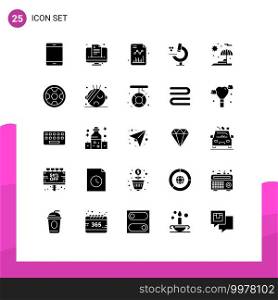 Set of 25 Vector Solid Glyphs on Grid for umbrella, science, online, microscope, growth Editable Vector Design Elements