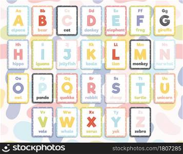 Set of 26 printable colourful educational flashcards for English alphabet.