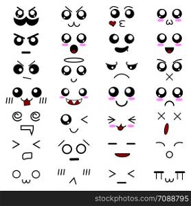 Set of 28 different pieces of doddle emotions to create characters. Emotion for design handmade. Anime style. Anger and joy. Indifference and shock. Laughter and tears. Vector illustration.