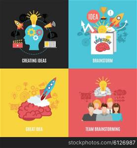 Set Of 2x2 Brainstorm Compositions. Flat 2x2 abstract compositions presenting creating ideas great idea brainstorm and team brainstorming vector illustration
