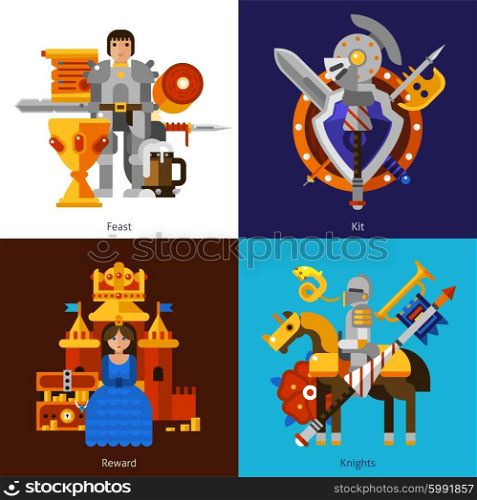 Set Of 2x2 Knight Images. Small flat 2x2 banners with feast reward knights and kit of medieval weapons vector illustration
