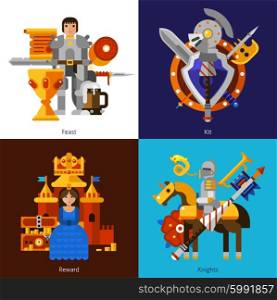 Set Of 2x2 Knight Images. Small flat 2x2 banners with feast reward knights and kit of medieval weapons vector illustration