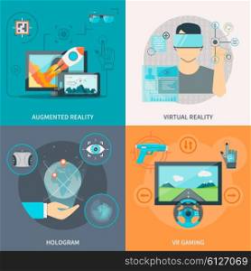 Set Of 2x2 VR Images. Flat 2x2 images set of augmented and virtual reality hologram and VR gaming vector illustration