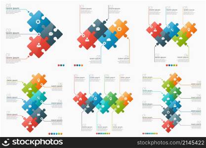 Set of 3-8 option infographic templates with puzzle sections for presentations, advertising, layouts, annual reports. Set of 3-8 option infographic templates with puzzle sections for