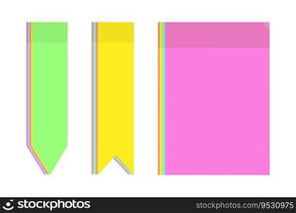 Set of 3 colorful office note paper stickers of different shapes in trendy bright colors on a transparent backdrop. Colored post templates in yellow, pink and green. Pointer. Isolate. Vector. EPS