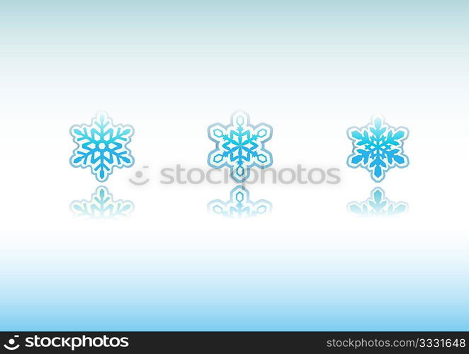 Set of 3 different snowflakes icon designs with reflections.