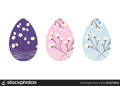 Set of 3 Easter eggs with pattern of cherry branches entangled with thin threads in trendy soft shades purple, pink and blue. Sticker. icon. Isolate. Design for poster, banner, brochures or greeting.