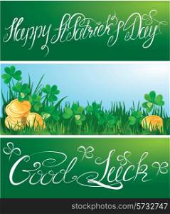Set of 3 horizontal banners with calligraphic words Happy St. Patrick`s Day and Good Luck. Shamrock and golden coin on blue sky background