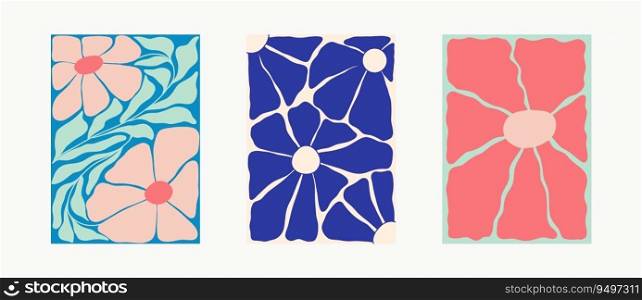 Set of 3 Matisse Posters Abstract floral art, aesthetic modern art, boho decor, minimalist art, illustration, vector, poster, postcard. Collection for decoration.
