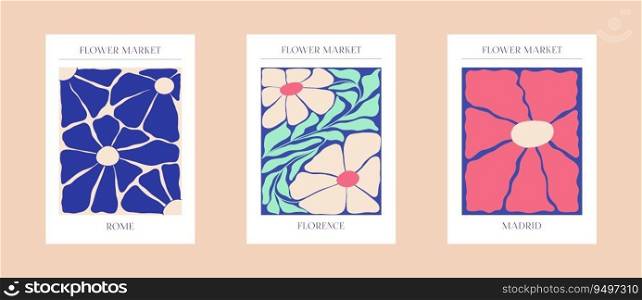 Set of 3 Posters Flower Market Florence, Rome, Madrid Matisse Abstract floral art, aesthetic modern art, boho decor, minimalist art, illustration, vector, poster, postcard. Collection for decoration.