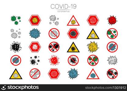 Set of 30 2019-nCoV bacteria isolated on white background. few Coronavirus in red circle vector Icon. COVID-19 bacteria corona virus disease sign. SARS pandemic concept symbol. Human health. Set of 30 2019-nCoV bacteria isolated on white background. few Coronavirus in red circle vector Icon. COVID-19 bacteria corona virus disease sign. SARS pandemic concept symbol. Human health .