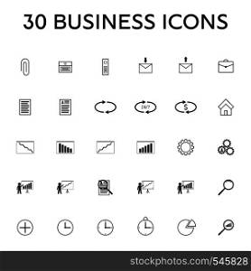 Set of 30 business icons. Business, finance, management, time, support, service. Clean and modern vector illustration for design, web.