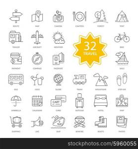 Set of 32 thin, lines, outline travel items icons. Interface icon. Travel, icons, hotel icon, transportation icons, travel logo, holiday icons, map icon. Travel line icons for web and mobile.