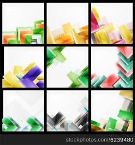 Set of 3d arrow backgrounds. Collection of vector web brochures, internet flyers, wallpaper or cover poster designs. Geometric style, colorful realistic glossy arrow shapes, blank templates with copyspace. Directional idea banners.
