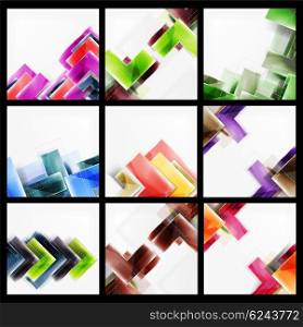 Set of 3d arrow backgrounds. Collection of vector web brochures, internet flyers, wallpaper or cover poster designs. Geometric style, colorful realistic glossy arrow shapes, blank templates with copyspace. Directional idea banners.