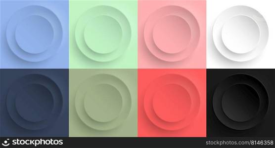 Set of 3D blue, green, pink, white, black circles shapes elements background. You can use for button, wallpaper, banner, poster, product backdrop, etc. Vector illustration