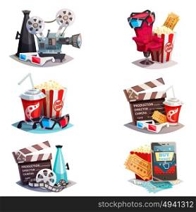 Set Of 3d Cartoon Cinema Design Concepts. Set of 3d cartoon cinema design concepts with elements of cinematography equipment and viewers accessories isolated vector illustration