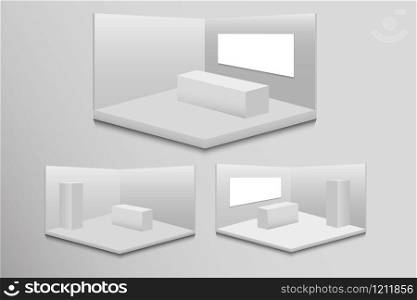 Set of 3D exhibition stands. White blank advertising stand with a desk. Vector white blank geometric square. Conference room presentation. Blank template.. Set of 3D exhibition stands. White blank advertising stand with a desk. Vector white blank geometric square. Conference room presentation. Blank template