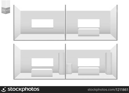 Set of 3D exhibition stands. White blank advertising stand with a desk. Vector white blank geometric square. Conference room presentation. Blank template.. Set of 3D exhibition stands. White blank advertising stand with a desk. Vector white blank geometric square. Conference room presentation. Blank template