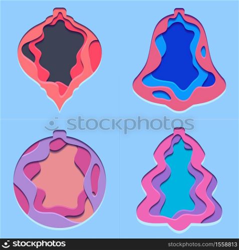Set of 3d festive Illustrations of Christmas decorations cut from paper. Vector element for your creativity. Set of 3d festive Illustrations of Christmas decorations cut from paper.