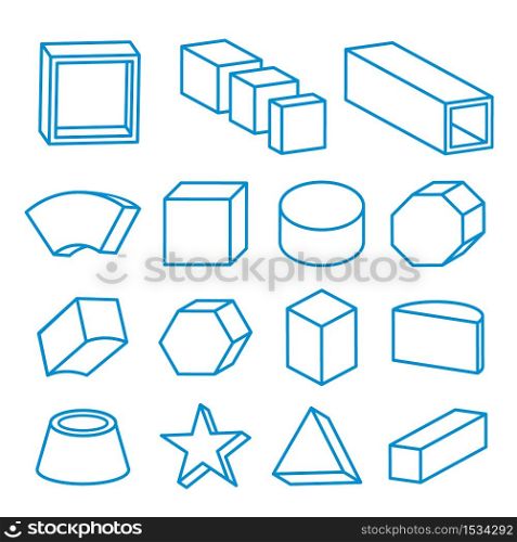 Set of 3D Geometric Line shapes, solids element vector illustration.