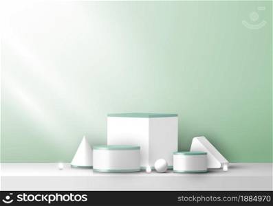 Set of 3D geometric object display white and green on green background with neon lighting. Podium on stage geometry decoration exhibition. Vector illustration