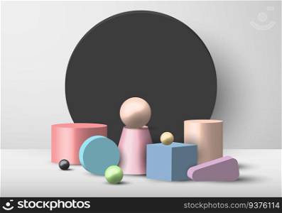 Set of 3D geometric object pastel color display on black circle backdrop and white background. Vector illustration