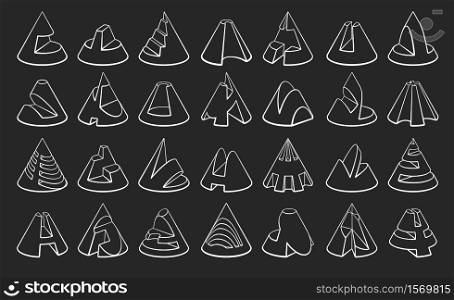 Set of 3D geometric shapes cone designs. Outline objects isolated on black background. Vector collection. Set of 3D geometric shapes cone designs