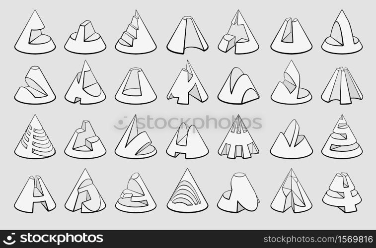 Set of 3D geometric shapes cone designs. Outline objects isolated on grey background. Vector collection. Set of 3D geometric shapes cone designs