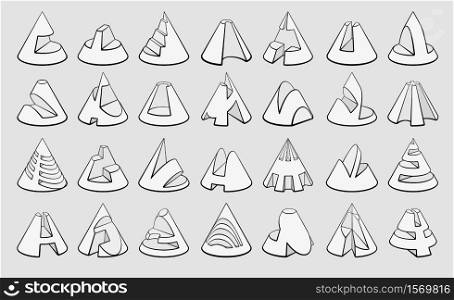 Set of 3D geometric shapes cone designs. Outline objects isolated on grey background. Vector collection. Set of 3D geometric shapes cone designs