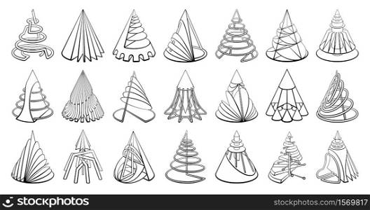 Set of 3D geometric shapes cone designs. Outline objects isolated on white background. Vector collection. Set of 3D geometric shapes cone designs