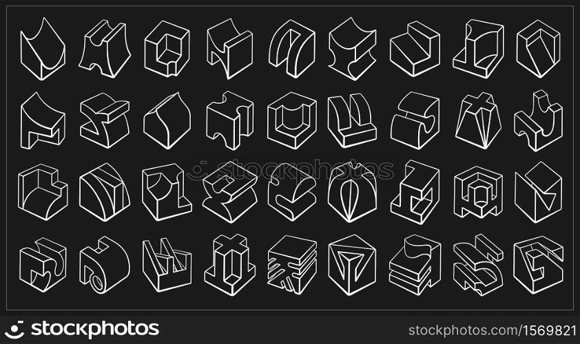 Set of 3D geometric shapes cube designs. Outline objects isolated on black background. Vector collection. Set of 3D geometric shapes cube designs