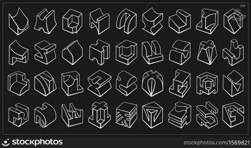 Set of 3D geometric shapes cube designs. Outline objects isolated on black background. Vector collection. Set of 3D geometric shapes cube designs