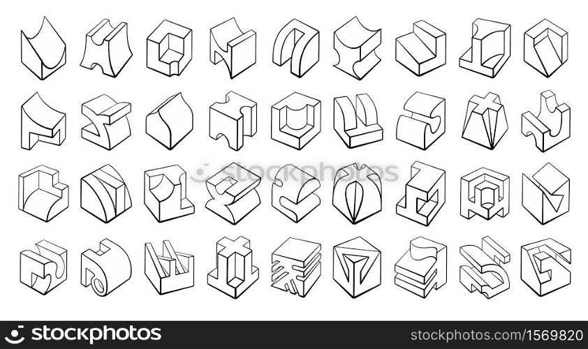 Set of 3D geometric shapes cube designs. Outline objects isolated on white background. Vector collection. Set of 3D geometric shapes cube designs