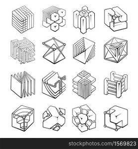 Set of 3D geometric shapes cube designs. Outline objects isolated on white background. Vector collection. Set of 3D geometric shapes cube designs