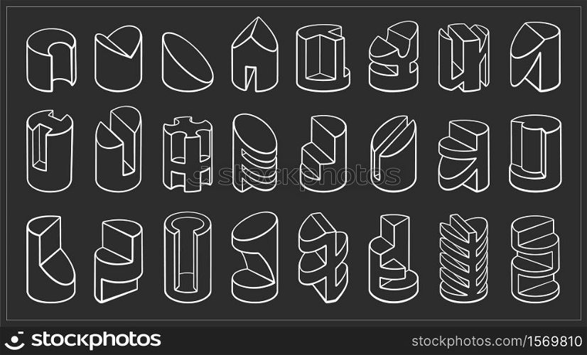 Set of 3D geometric shapes cylinder designs. Chalkboard objects isolated on gray background. Vector collection. Set of 3D geometric shapes cylinder designs.