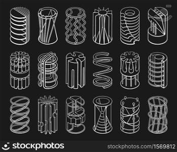 Set of 3D geometric shapes cylinder designs. Outline objects isolated on black background. Vector collection. Set of 3D geometric shapes cylinder designs.