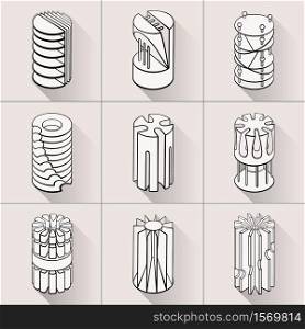 Set of 3D geometric shapes cylinder designs. Outline objects isolated on gray background. Vector collection. Set of 3D geometric shapes cylinder designs